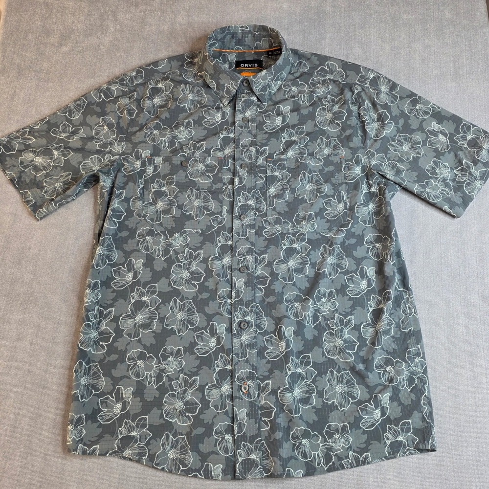 Orvis Floral Button Down Mens Medium Grey Stretch Performance Shirt Resortwear - Picture 2 of 11